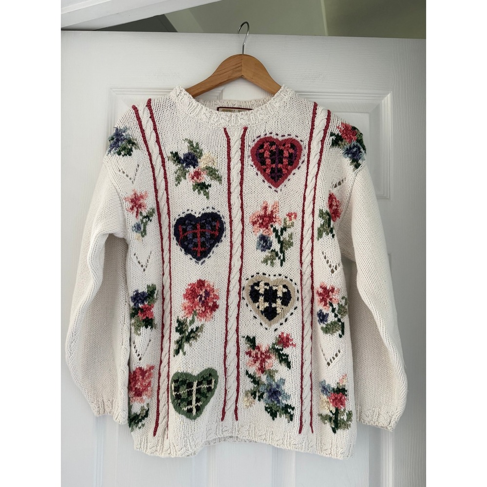 Vintage Womens Patchwork Hand Knit Sweater Cottagecore Garden Grandma